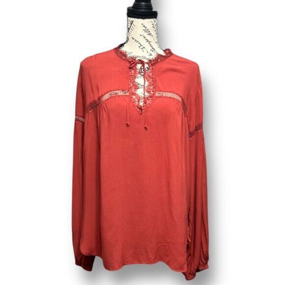 Express M Boho Blouse Maroon Peasant Top Lace Detail Long Sleeve Flowy Romantic - Picture 1 of 6